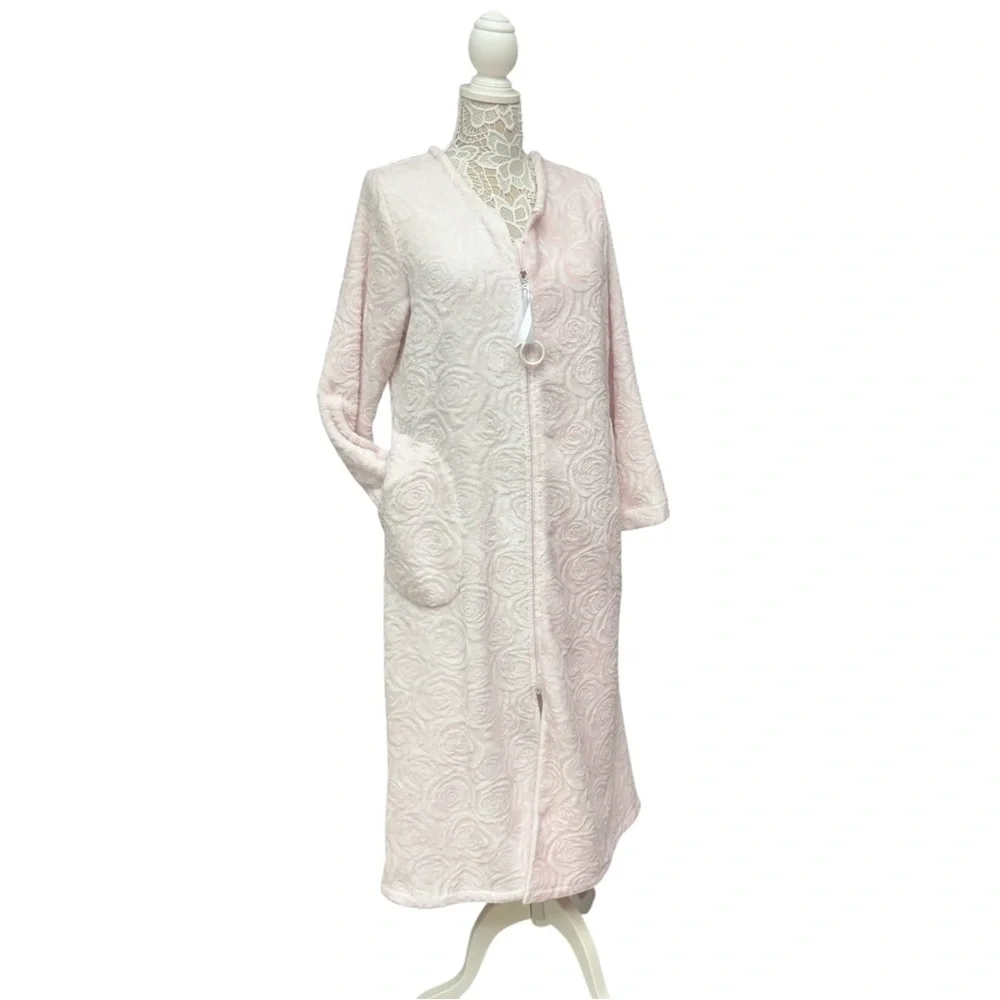 Ella Simone Pink Plush Zip Robe Floral Texture Long Sleeve Large, House Robe